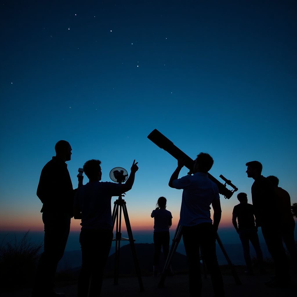Group viewing night sky through telescope